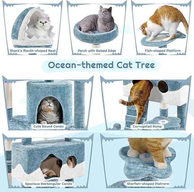 Yaheetech Cat Tree, 72.5inch Ocean-Themed Cat Tower, Multi-Level Large Cat Tree for Indoor Cats with Shark's Mouth Bed & 2 Big Condos & 2 Wide Perches & Funny Toys, Blue & White
