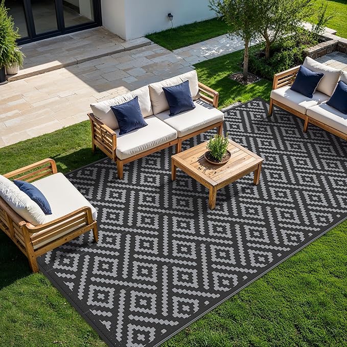GENIMO Outdoor Rug for Patio Clearance, 8'x16' Waterproof Camping Mat, Reversible Plastic Straw Rugs for RV, Camper, Balcony, Backyard, Picnic, Deck, Black & Gray