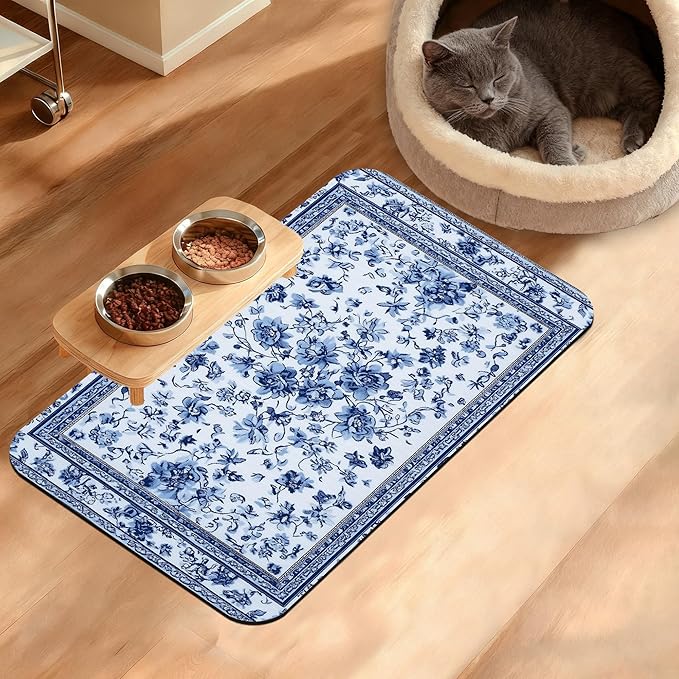 Blue Flower Dog Food Mat,Absorbent Pet Feeding Mat for Food and Water Bowl,Quick Dry Dog Placemat Non Slip Rubber Backing Waterproof Pet Supplies 12" x 20"