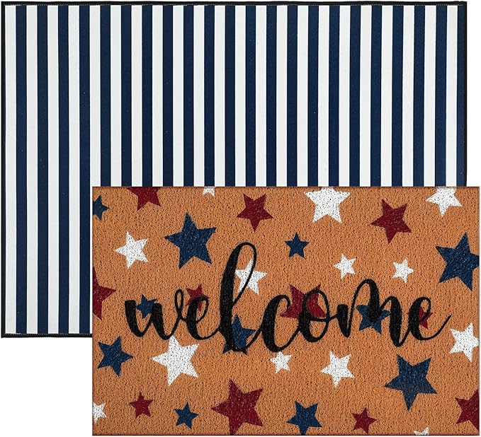 Tinideya 2 Pcs Door Mat Welcome Non Slip Coir Mats Floor Layering Doormats Seasonal for Front Porch Entryway Decor(Patriotic)