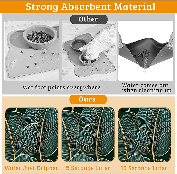 Tropical Palm Feeding Mat,Green Leaves Absorbent Quick-Dry Cat Dog Food and Water Bowl Mats,Non-Slip Rubber Backing Mat,Cat Dog Accessories Supplies 16" x 24"