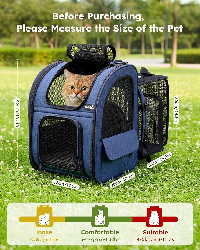 Pecute Cat Backpack Carrier Expandable, Pet Backpack for Cats & Small Dogs Up to 11lbs, with 4-Side Breathable Mesh, Multi-Entry & Lockable Zippers for Travel, Hiking, Camping - Hands Free, Blue