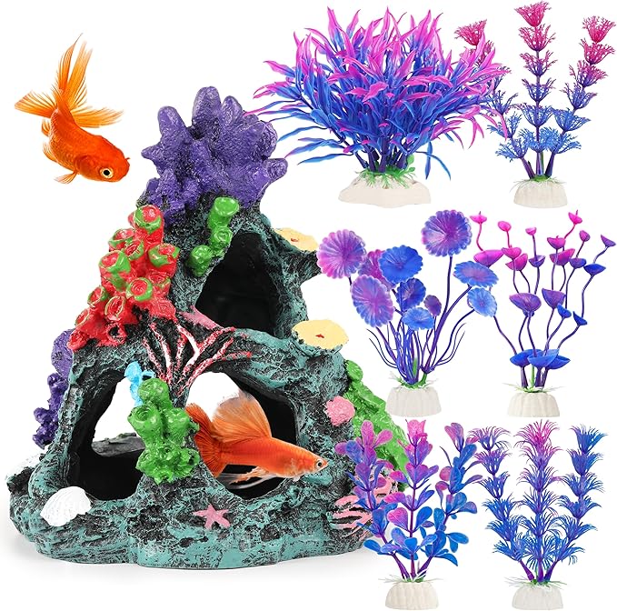 MyLifeUNIT Fish Tank Decorations, 7 Pieces Aquarium Plants Set with Coral Reef Decoration Mountain Cave Ornament for Betta, Goldfish, Shrimp to Breed, Play and Rest (Purple)
