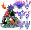 MyLifeUNIT Fish Tank Decorations, 7 Pieces Aquarium Plants Set with Coral Reef Decoration Mountain Cave Ornament for Betta, Goldfish, Shrimp to Breed, Play and Rest (Purple)
