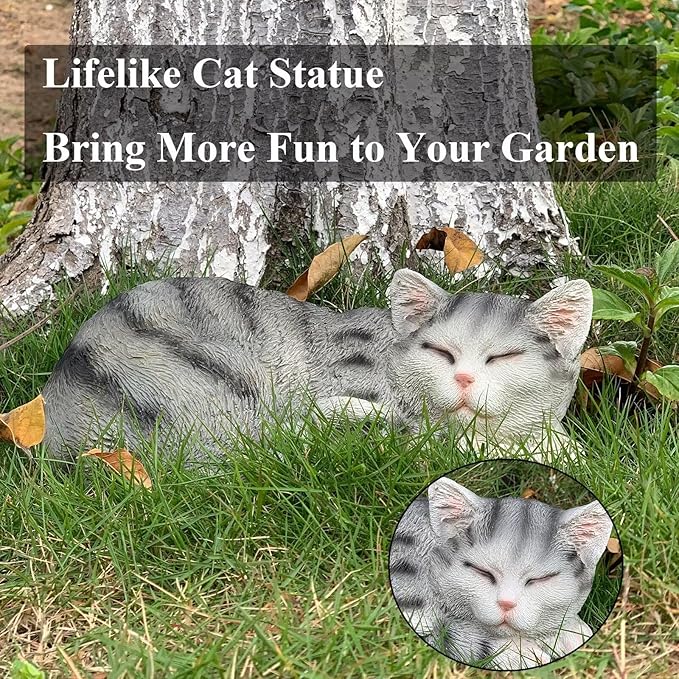 GARDEN WHISPER Cat Statue, Grey, Resin, Contemporary, Outdoor / Indoor Decor, 11.4" L x 7.1" W x 4.3" H, 1.5 lbs