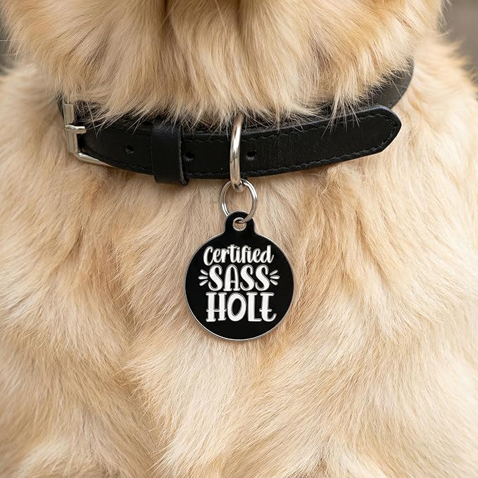 Bad Tags Personalized Dog and Cat ID Tags in 25+ Designs and 2 Sizes - 5 Lines of Custom Engraved Text - Funny Cute Personalized Pet Tags (Certified Sass Hole, Small (1 inch))