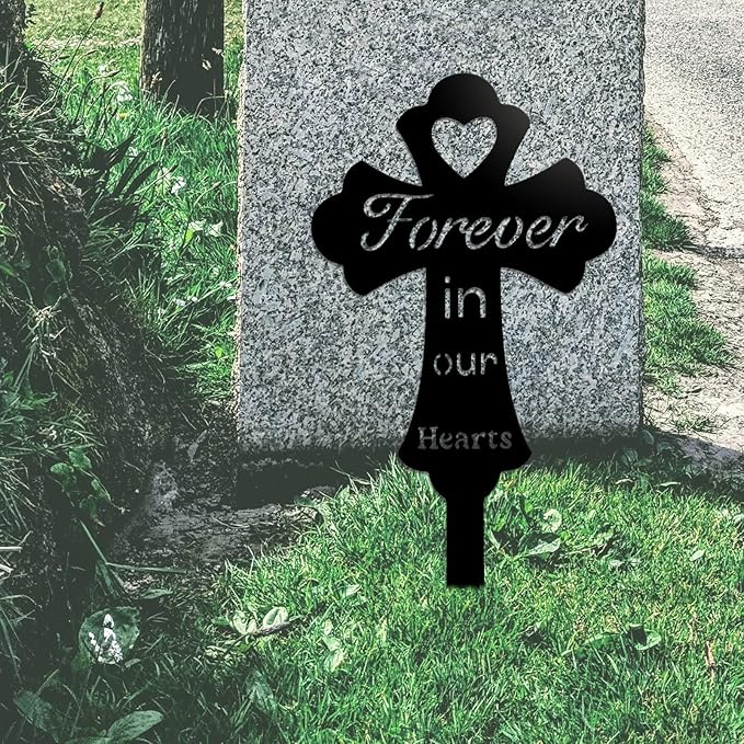 Grave Decorations for Cemetery: Forever in Our Hearts Metal Pet Grave Marker - Cross Sympathy Memorial Stake for Outdoor. Ideal Gifts to Honor The Memory of Departed Loved Ones(9.8 x 5.6'')