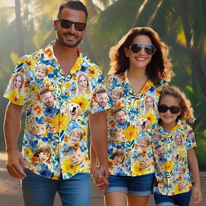 Custom Hawaiian Shirt with Face Photo Picture for Men Women Kids Youth Adult, Tropical Personalized Hawaiian Shirts Gift