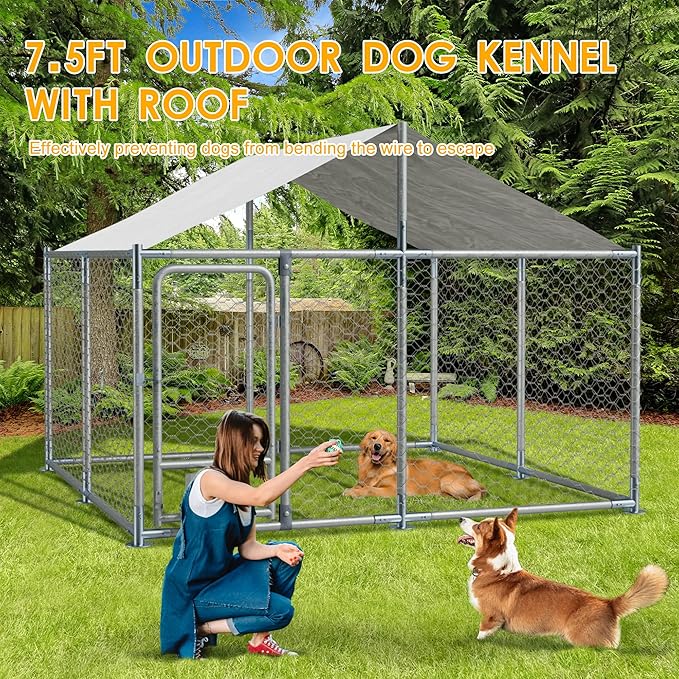 7.5×7.5×5.3 FT Outdoor Dog Kennel with Roof, Dog Enclosure w/Rotating Feeder, Large Heavy Duty Dog Run Playpen w/2 Stainless Bowls, Galvanized Pet House w/Secure Lock, Waterproof Cover (7.5FT)