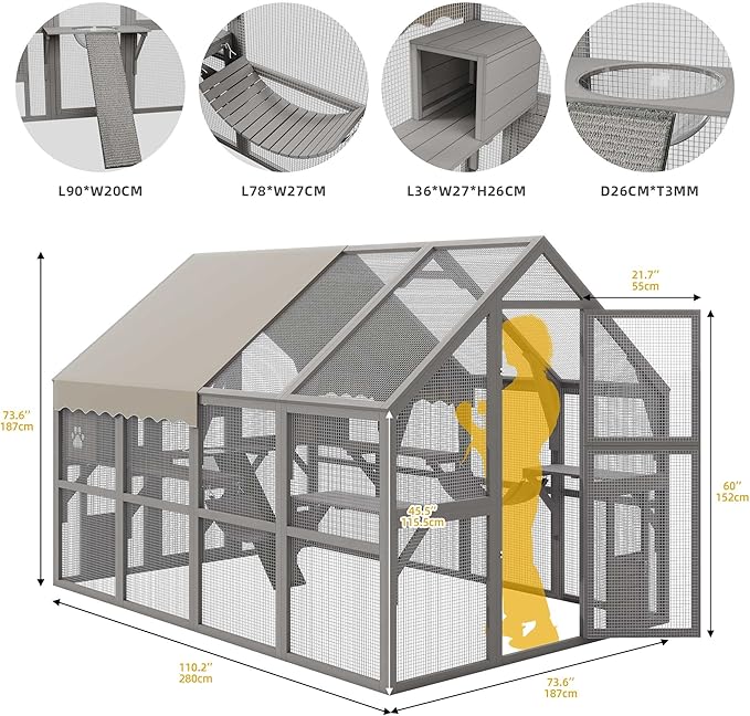 DWVO Extra Large Catio Outdoor Cat Enclosure, 110 inch Outside Cattery with Weatherproof Roof, Cat Scratcher Ramp, Cat Space Capsule Bed, 2 Bridges, 2 Resting Houses, 7 Platforms