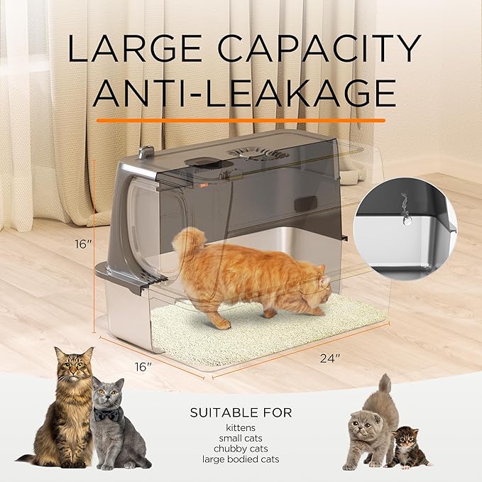 Anywish Stainless Steel Cat Litter Box with Lid, XL Extra Large Enclosed Removable Metal Litter Box with Litter Scoop&Double Layer Litter Mat, Non-Sticky, Non-Odor, for Big Cats Dark Grey