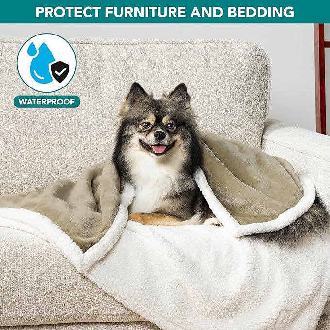 PetAmi Waterproof Dog Blanket for Small Medium Dog Puppy Cat Throw for Couch Cover Leakproof Protection, Sherpa Fleece, Reversible Soft Washable 29x40 Taupe