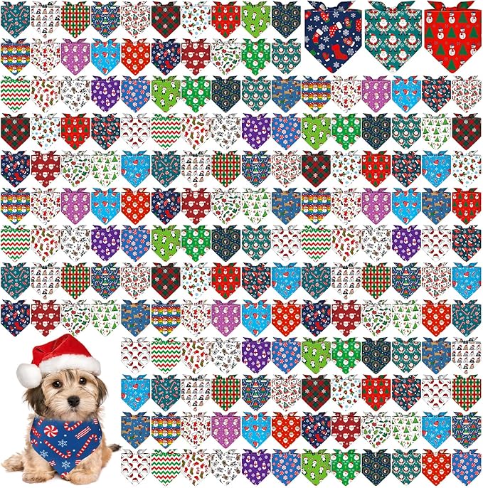 Aliceset 180 Pcs Christmas Dog Bandanas Bulk Christmas Bandanas for Dogs Adjustable Washable Pet Triangle Scarf Cute Kerchief Scarves for Pet Xmas Party Costume Accessories Decorations