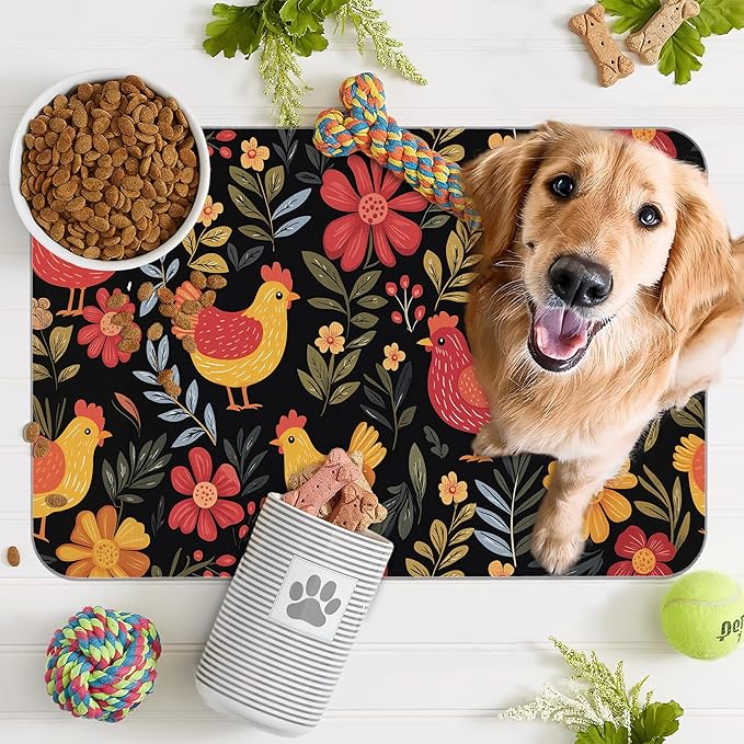 Chicken Rooster Hen Flower Meadow Dog Cat Food Mat,Absorbent Pet Feeding Mat with Rubber Backing,Non-Slip Water Bowl Placemat,Indoor Pet Accessories Supplies 16"x24"