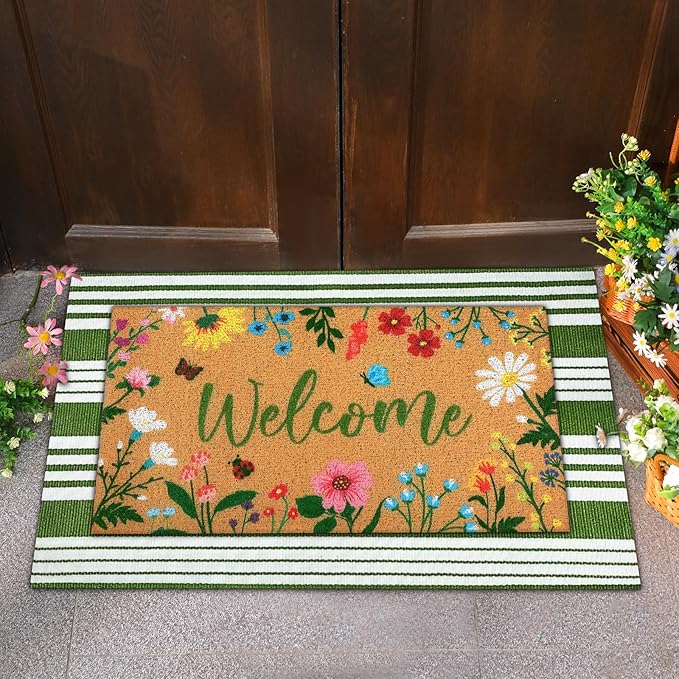 Tinideya 2 Pcs Spring Welcome Door Mat Floral Outdoor Layered Doormats for Front Door Non Slip Wildflower Coir Floor Mat Green White Stripe Rugs for Outside Front Porch Entryway Decor
