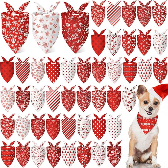 Abbylike 50 Pcs Valentines Day Dog Bandanas Bulk Red and White Polka Dots Stripes Bandanas for Dogs Triangle Kerchief Bibs Scarf for Pet Romantic Costume Photo Props Accessories(31.5 x 21.7 x 21.)