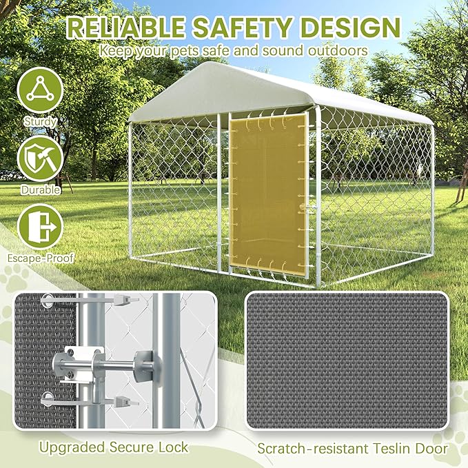 6FT x 6FT Outdoor Dog Kennel with Roof, Outside Dog Run Fence, Large Dog House Pen Enclosure with Secure Lock&Textilene Door