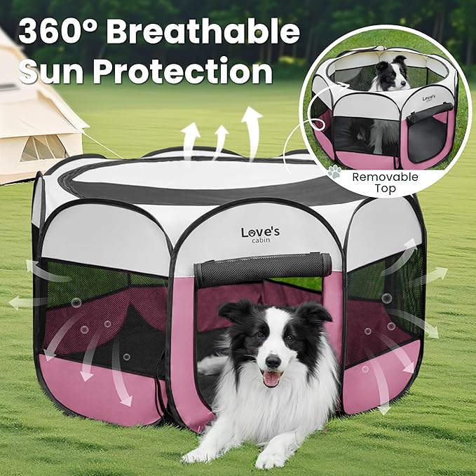 Love's cabin Pet Puppy Dog Playpen, Medium Dog Tent Crates Cage Indoor/Outdoor, Portable Playpen for Cat, Foldable Pop Up Dog Kennel Playpen with Carring Case, Removable Zipper Top, Light Pink