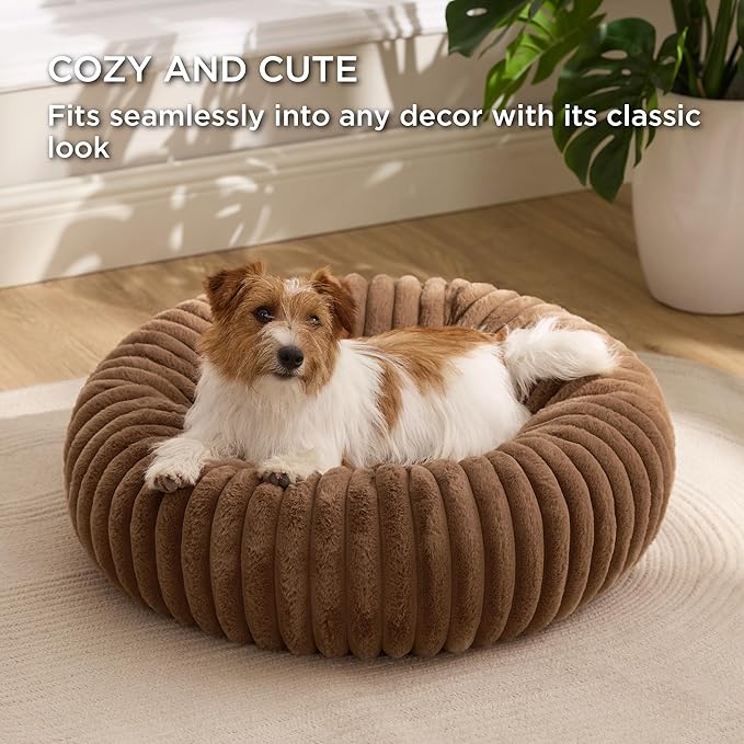 Bedsure ComfyFleece™ Donut Small Dog Bed - Dog Beds for Small Dogs with Corduroy Fleece & Anti Slip Bottom, Round Faux Fur Pet Beds with Washable Removable Cover, Camel Brown, 27x27x8 inches
