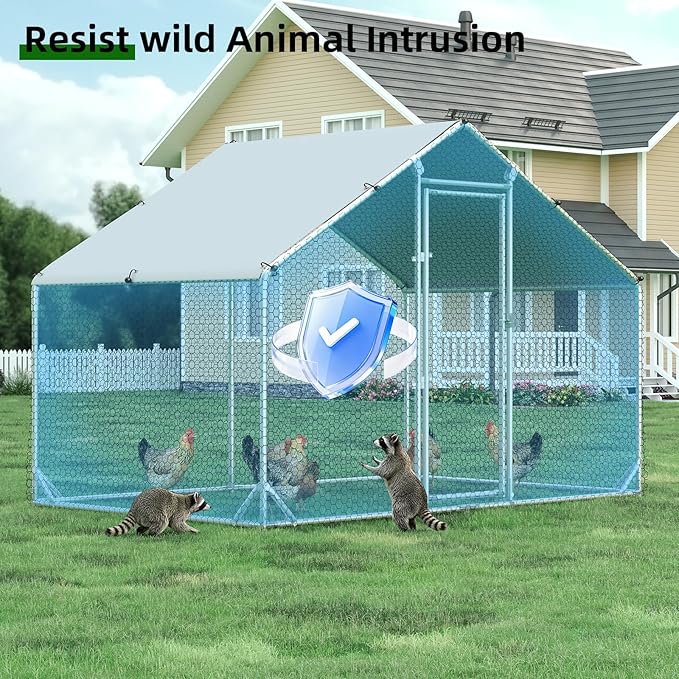 4ever2buy Large Metal Chicken Coop with Run Walk-in Poultry Cage Chicken Runs House Pen Cage Spire Roofed Chicken Coops with Anti-Ultraviolet Cover for Outdoor Backyard Farm Use 9.8’L x 6.6’W x 6.4’H
