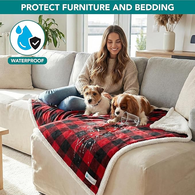PetAmi Waterproof Dog Blanket for Medium Large Dog Puppy Cat Throw for Couch Cover Leakproof Protection, Sherpa Fleece, Reversible Soft Washable 60x40 Checker Plaid Red