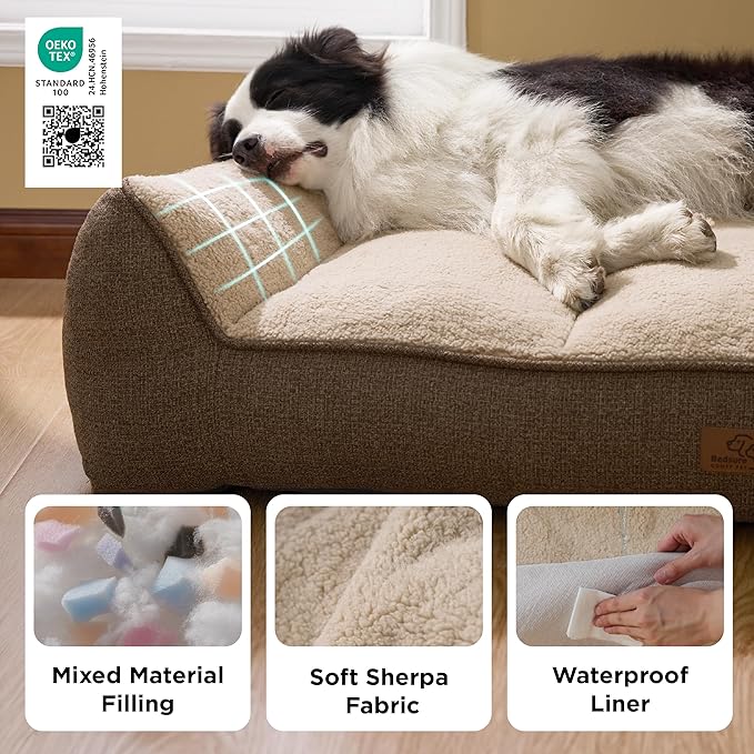 Bedsure SupportMax™ Orthopedic Dog Beds Large Sized Dog - Extra Thick Supportive Large Dogs Bed with Waterproof Washable Cover, L Plus Comfort Pet Sofa with Soft Sherpa and Nonskid Bottom, Brown, 38"