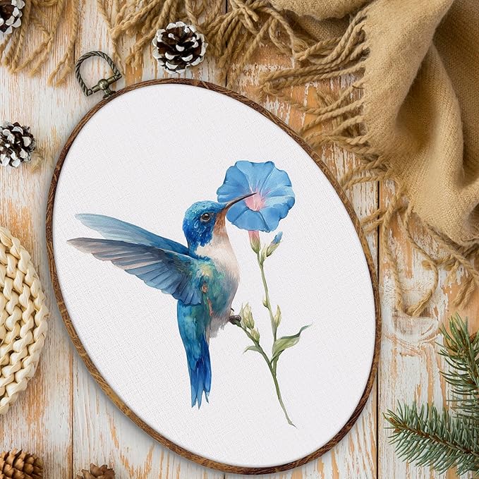 DILSJ Blue Hummingbird Floral Oval Wall Art Decor, Bird Hummingbird Canvas Wall Art Framed, Rustic Farmhouse Bird Flower Hanging Decorations for Home Living Room Bedroom, 11x8.5 Inch