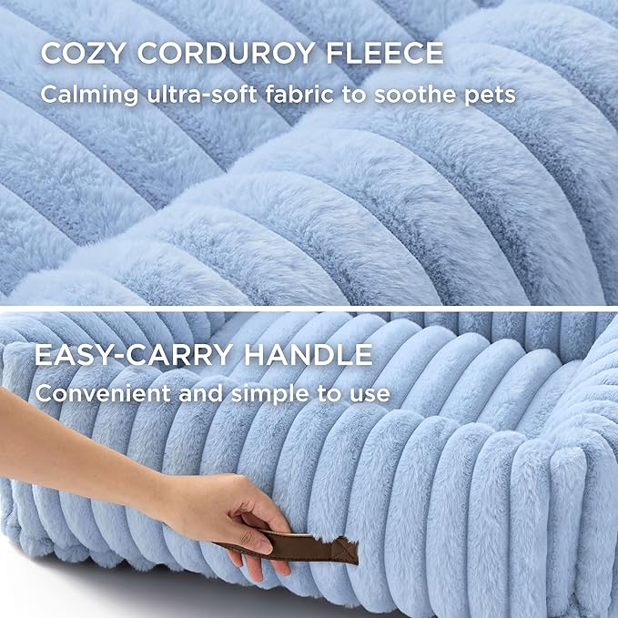 Bedsure ComfyFleece™ Washable Dog Bed for Medium Dogs - Cute Furry Puppy Beds, Rectangle Orthopedic Corduroy Fleece Pet Beds with Removable Zipper Cover, 20x19x6inches, Blue
