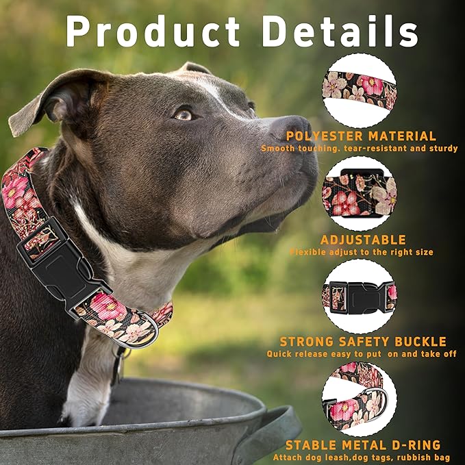 Dog Collar for Boys & Girls, Puppy Collar for Small to Large Dogs, Adjustable Soft Floral Pattern Pet Collar with Safety Buckle for Male & Females (Red, L)
