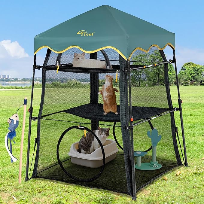 Instant 3-Tier Cat Catio Tent with 2 Interchangeable Covers (Scalloped Green + Black),X-Large Cat Enclosure for Indoor and Outdoor,3 Tier Cat Cage,Two Doors Design can Assemble More Shapes (Patented)
