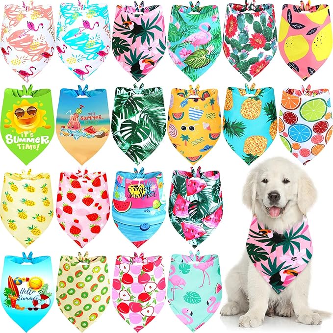 Frienda 20 Pcs Summer Spring Dog Bandanas Hawaiian Style Washable Triangle Pet Bibs Assortment Puppy Kerchief Accessories for Small Medium Pets Dogs Cats(Large)