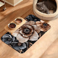 Black Brown Flower Feeding Mat,Artistic Absorbent Quick-Dry Cat Dog Food and Water Bowl Mats,Non-Slip Rubber Backing Mat,Cat Dog Accessories Supplies 12" x 20"