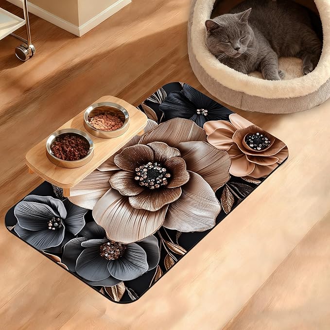 Black Brown Flower Feeding Mat,Artistic Absorbent Quick-Dry Cat Dog Food and Water Bowl Mats,Non-Slip Rubber Backing Mat,Cat Dog Accessories Supplies 12" x 20"