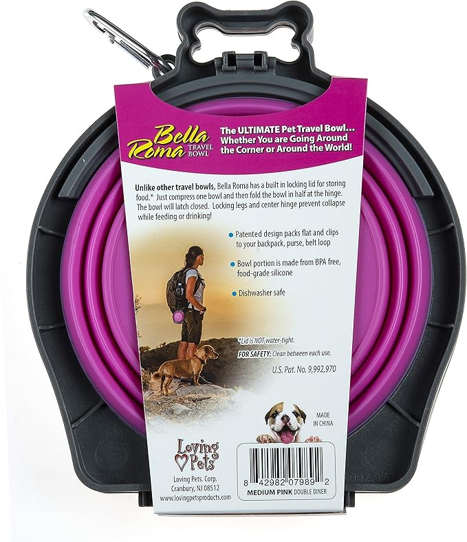 Loving Pets - Bella Roma Double Diner Portable Travel Dog Bowls Collapsible Combined Dog Food & Water Bowls (Pink, Medium)