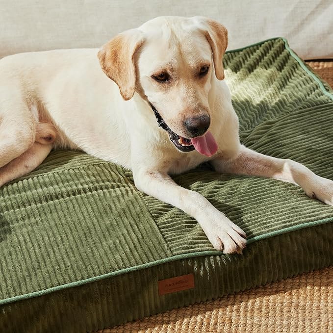 FUKUMARU Dog Bed, Thickened Corduroy Orthopedic Dog Beds with Washable Cover, XL Waterproof Dogs Bed for Crate, 28D Egg Crate Foam Support Pet Mat, Cozy Pet Bed Pad with Anti-Slip Bottom, Green
