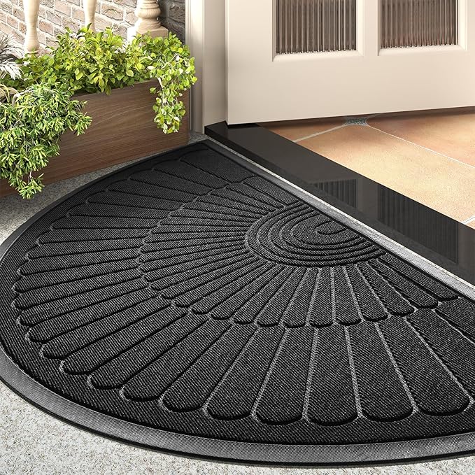 tchdio Door Mat Outdoor Indoor Entrance Doormat-Semicircular Durable Rubber Non Slip Front Door Mat for Outside Inside Entry Entryway Dirt Trapper WelcomeMat for Muddy Paws and Shoes-Black 24”x47”