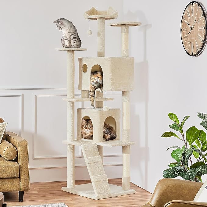 Yaheetech XL Cat Tree, 80in Multi-Level Cat Tower w/Scratching Posts, Double Condo, Perched Platforms and Dangling Balls, Pet Stand House for Kittens, Beige