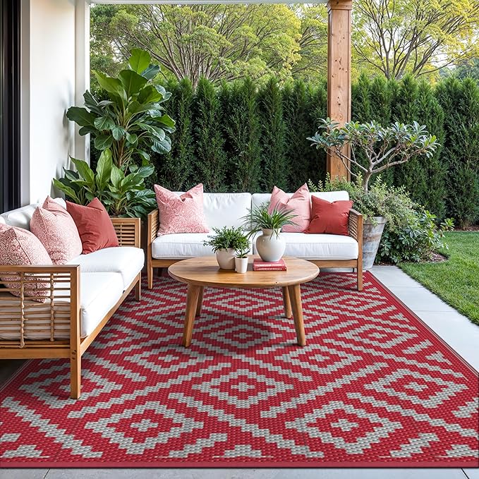 GENIMO Outdoor Rug for Patio Clearance, 9'x12' Reversible Plastic Straw Rugs, Lightweight Waterproof RV Camping Mat for Camper, Balcony, Deck, Backyard, Picnic, Red Grey