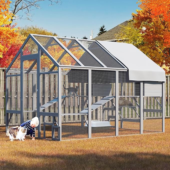 Cat Catio, Large Catio Outdoor Cat Enclosure for Multiple Cats with 7 Platforms, 2 Resting Box and 2 Bridges, Wooden Feral Cats Shelter with Waterproof and UV Proof Canopy, 71 x 71 x 97 inch