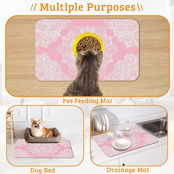 Pet Feeding Mat,Boho Mandala Absorbent Dog Cat Food Mat Pink Flower Dog Mat with Rubber Backing,Non-Slip Water Bowl Placemat,Pet Supplies 12" x 20"
