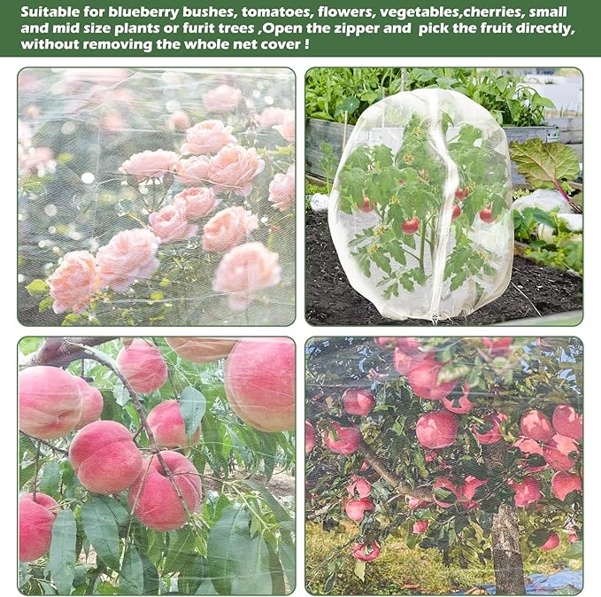 8 x 8ft Large Fruits Tree Netting, Garden Mesh Insect Tree Cover with Zipper Drawstring Bird Barrier Net Plant Bags Blueberry Bushes Protection Plant Cover for Prevent Animals Deer Squirrel Bug