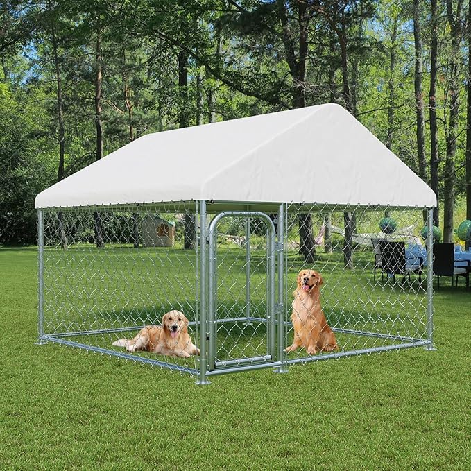 LotFun Large Outdoor Dog Kennel, 6.6 x 6.6 FT Heavy Duty Dog Enclosure with Chain Link Fence, UV-Resistant Canopy Cover, Double Lock Security (6 x 6 x 5 in)