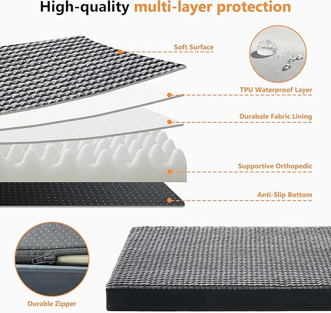 KISYYO Orthopedic XL Dog Beds for Extra Large Dogs with Removable Washable Cover and Removable Pillow for Crate,Waterproof Extra Large Dogs Mat, Grey, 41x27