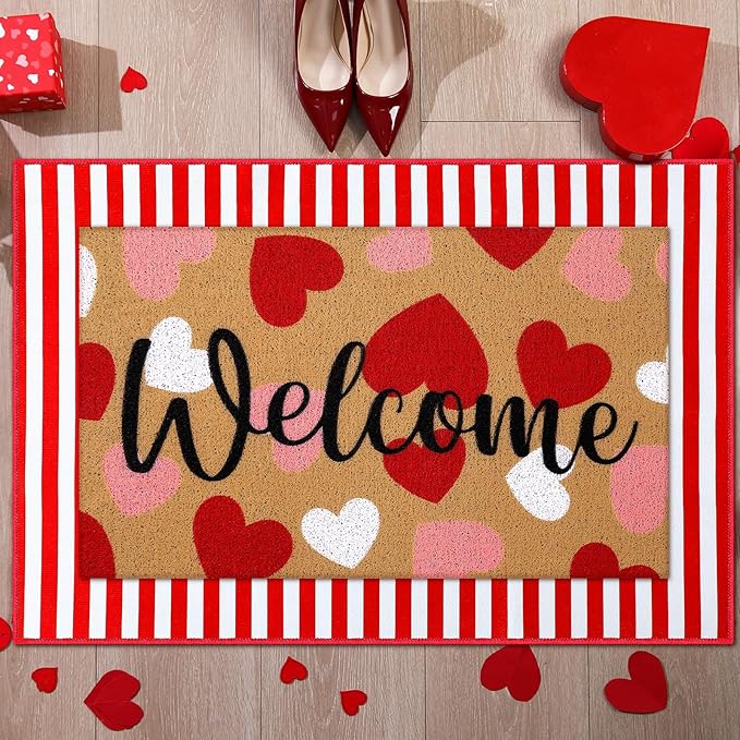 Tinideya 2 Pcs Valentine Door Mat Heart Welcome Outdoor Non Slip Coir Mats Red and White Stripe Floor Layering Doormats Seasonal for Front Porch Entryway Decor(Valentine Heart)