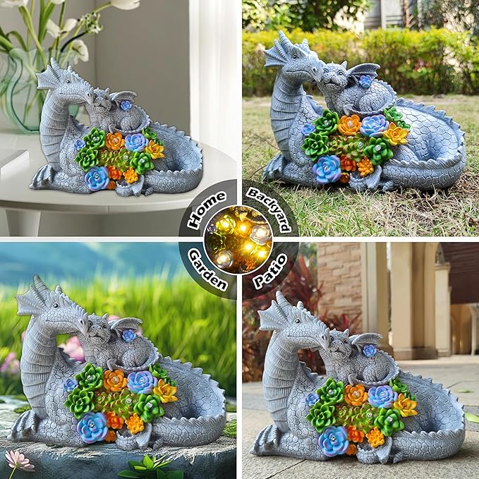 Dragon Solar Garden Statues Outdoor Decoration with Succulent and 6 LED Lights,Dragon Figurine Solar Lights Lawn Décor,Outside Statue Ornament for Patio, Balcony, Yard,Unique Gift for Mom