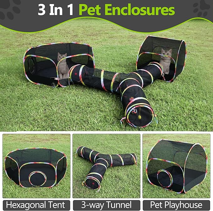 Outdoor Cat Enclosure with Cat Tunnel, Tent, Playhouse and Cat Toy Ball with Bell - Portable Indoor/Outdoor Playpen for Small Cats & Animals