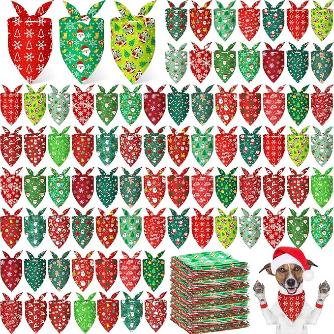 200 Pcs Dog Bandanas Bulk, Red & Green Triangle Dog Kerchiefs for Small Medium Large Dogs, Reusable Pet Scarves for Groomers, Pet Shops, Parties & Photo Props, 25 Styles