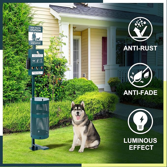 Qinyoung Pet Waste Station, Includes 600 Roll Bags, Dog Waste Station with Foot Pedal, Dog Poop Sign, Bag Dispenser, Hand Sanitizer Bottle and Covered Outdoor Trash Can for Parks, Trails Outdoor