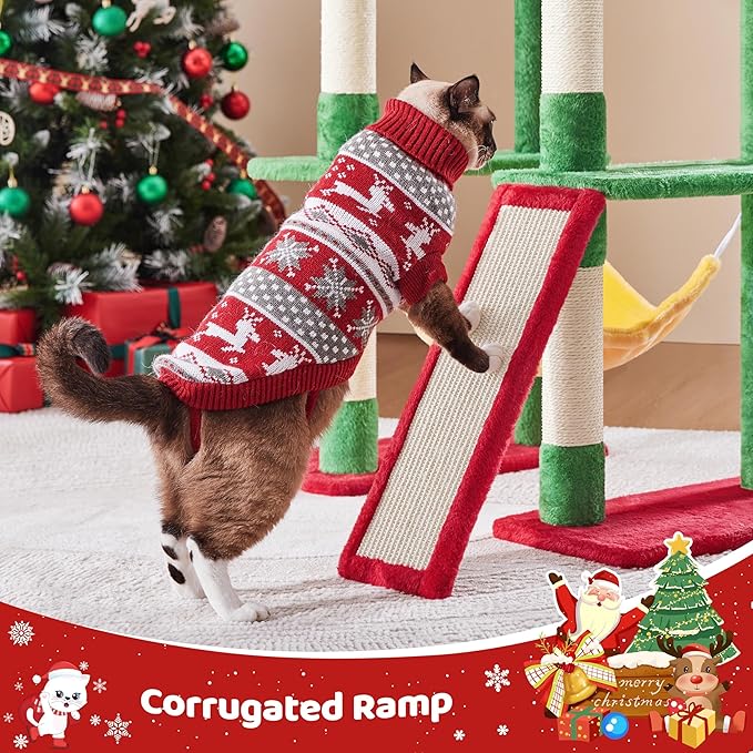 Yaheetech 63in Christmas Cat Tree with Cozy Condo, 7 Scratching Posts, Scratching Ladder, Hammock, Large Cat Tower Holiday Pet Climbing Furniture for Kittens to Play and Sleep