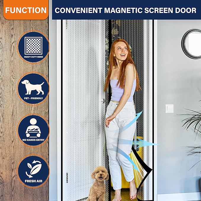 Magnetic Screen Door，Screen Door Mesh，Keep Bugs Out, Heavy-Duty Mesh Curtain,Pet and Kid Friendly, Works with Front Doors, Sliding Doors